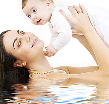 高兴,母亲,婴儿,水中