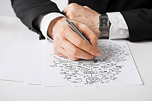 商务,推销,计划,人,概念,特写,男性,手,笔,绘画,白色背景,纸
