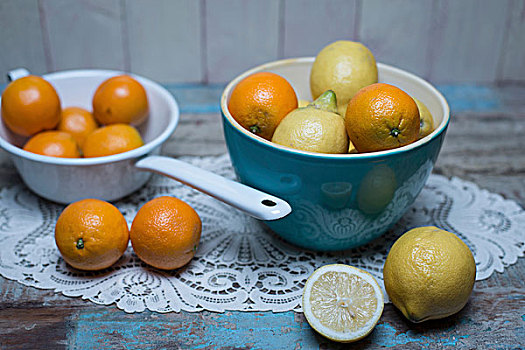 橘子,柠檬,蓝色,瓷器,碗,白色,瓷釉,滤器