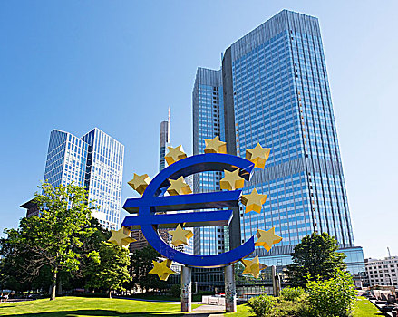 欧元,雕塑,塔楼,左边,右边,公园,法兰克福,黑森州,德国,欧洲