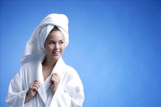 女青年,穿,白色,浴袍,毛巾,缠头巾