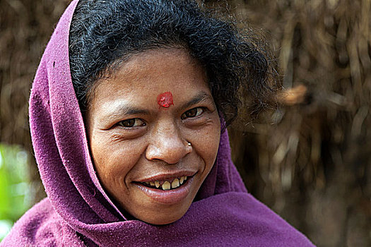 尼泊尔人,女人,紫色,围巾,微笑,头像,尼泊尔,亚洲