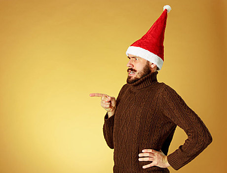 严肃,圣诞节,男人,戴着,圣诞帽