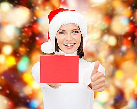 圣诞节,人,广告,销售,概念,高兴,女人,圣诞老人,帽子,留白,红牌,展示,竖大拇指,手势,上方,背景
