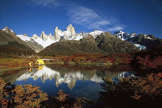 露营,旁侧,仰视,菲茨罗伊,秋天,洛斯格拉希亚雷斯国家公园,巴塔哥尼亚,阿根廷