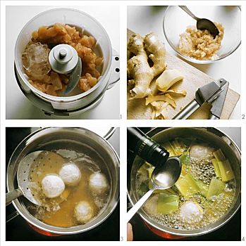 制作,亚洲,汤,姜,三文鱼,饺子,韭葱