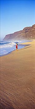 夏威夷,考艾岛,波里哈雷沙滩,海滩,女人,走,岸边,模糊