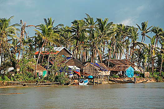河边,房子,溪流,伊洛瓦底江,三角洲,缅甸