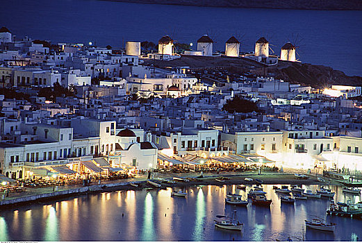 城市,港口,黄昏,米克诺斯岛,希腊