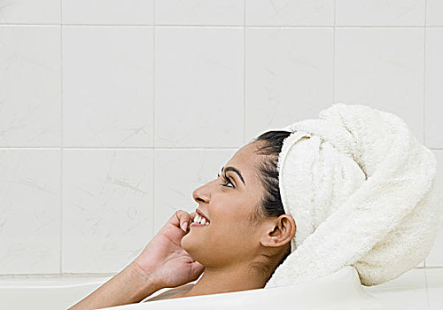 女人,放松,浴缸,印度