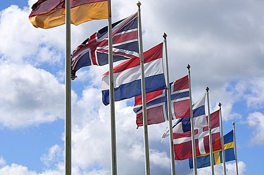斯堪的纳维亚半岛,瑞典,排,旗帜,天空