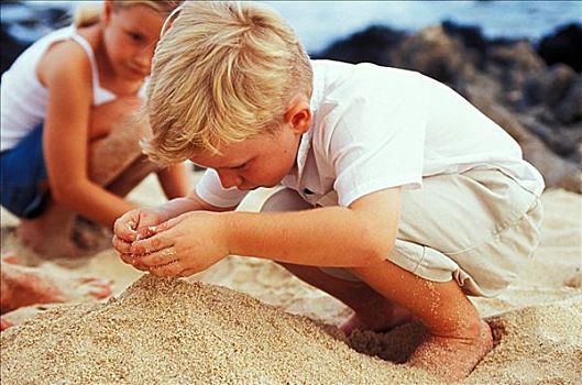 男孩,女孩,玩,沙子