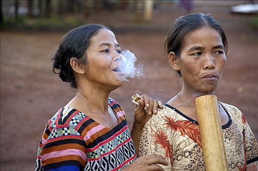 女人,部落,烟,水管,高原,靠近,老挝