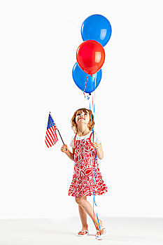 女孩,拿着,红色,蓝色,气球,美国国旗,三个,山,艾伯塔省,加拿大