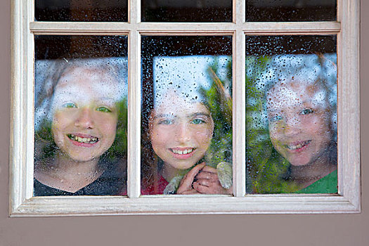 三个,姐妹,朋友,朝窗外望,幼仔,雨滴