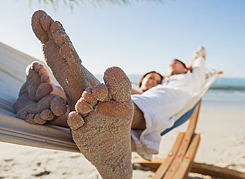 特写,沙,脚,情侣,吊床,海滩