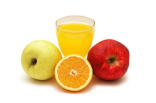 橙汁,橙子,两个,苹果,隔绝,白色背景