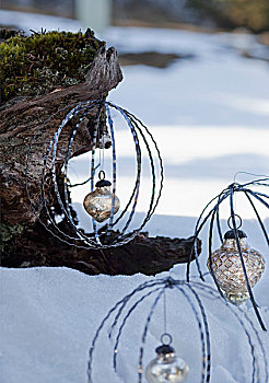 小玩意,金属,银,圣诞节饰物,悬挂,树干,雪景