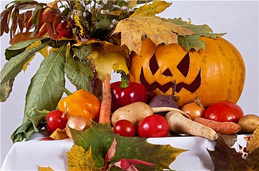 秋天,构图,蔬菜,叶子,南瓜