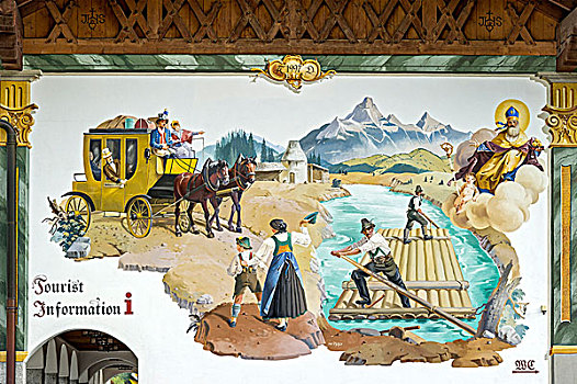 壁画,筏子,伊萨河,河,市政厅,韦尔登费尔斯,上巴伐利亚,巴伐利亚,德国,欧洲
