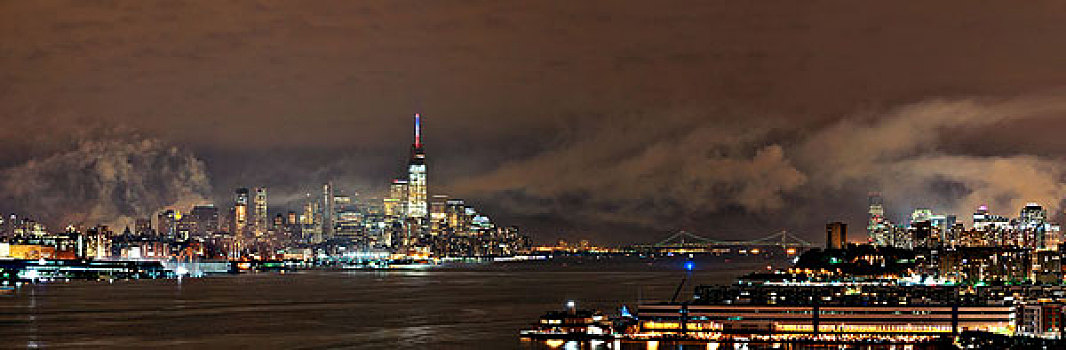 曼哈顿,市区,摩天大楼,新泽西,夜晚