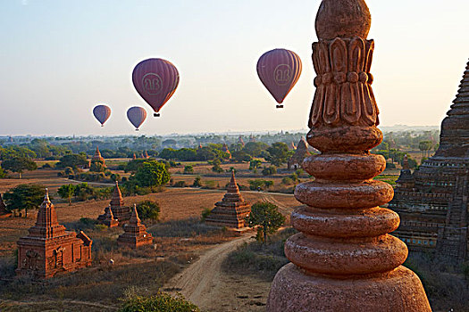 热气球,上方,寺庙,复杂,蒲甘,缅甸,亚洲