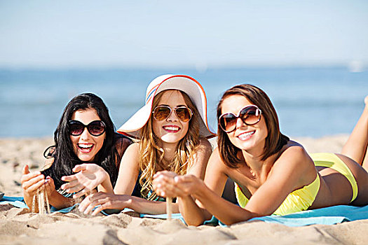 暑假,度假,女孩,日光浴,海滩