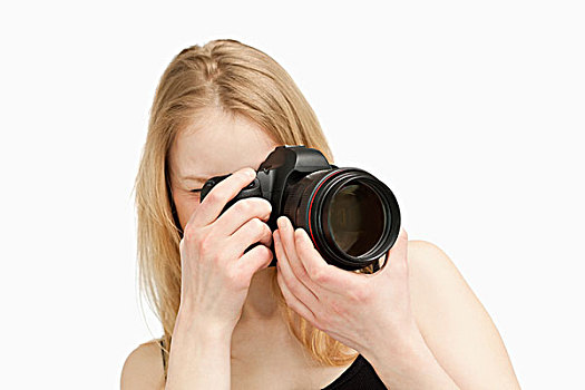 女人,照片,相机,白色背景