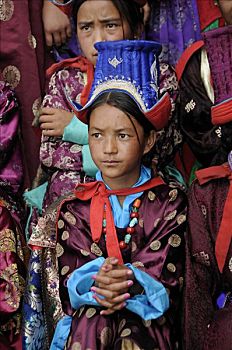 拉达克地区,女人,戴着,传统服装,天鹅绒,头饰,北印度,喜马拉雅山,亚洲