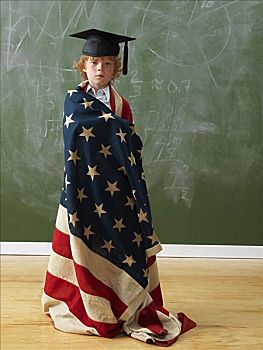 男孩,戴着,美国国旗,学士帽