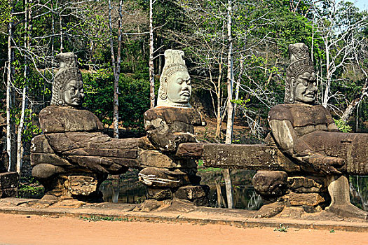 砂岩,雕塑,正面,南方,大门,吴哥窟,魔鬼,栏杆,桥,收获,柬埔寨,亚洲