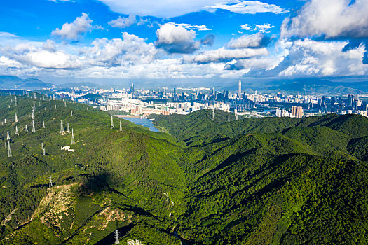 航拍塘朗山,深圳湾,塘朗,梅林水库,南山和龙华风光