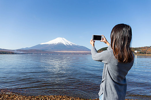 女人,照相,手机,富士山