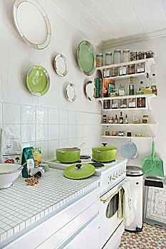 晴朗,厨房,复古,炊具,收集,绿色,瓷盘