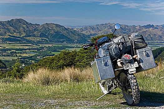 摩托车,正面,春天,山谷,攀升,彩虹,南岛,新西兰