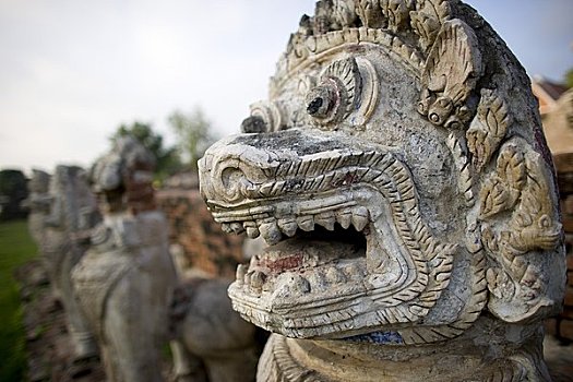 狮子,雕塑,庙宇,大城府,泰国