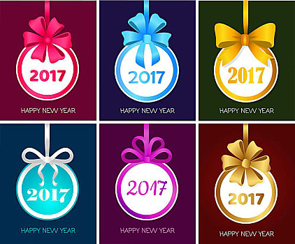 新年快乐,圆,圣诞节,玩具,矢量,带,大,蝴蝶结,收集,旗帜,圣诞树饰,贺卡,海报,卡通,设计,风格,插画