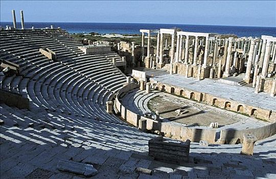 古老,罗马,遗址,剧院,圆形剧场,莱普蒂斯马格纳,利比亚,非洲,发掘场