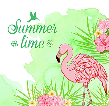 夏天,热带,背景,棕榈叶,粉红火烈鸟,绿色,水彩,纹理,文字,火烈鸟