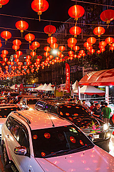 红色,灯笼,反射,汽车,春节,交通,道路,唐人街,地区,曼谷,泰国,亚洲