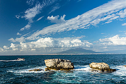 石头,海岸,索伦托,半岛,海湾地区,那不勒斯,壮观,火山,山,维苏威火山,背景,伊特鲁里亚海,意大利