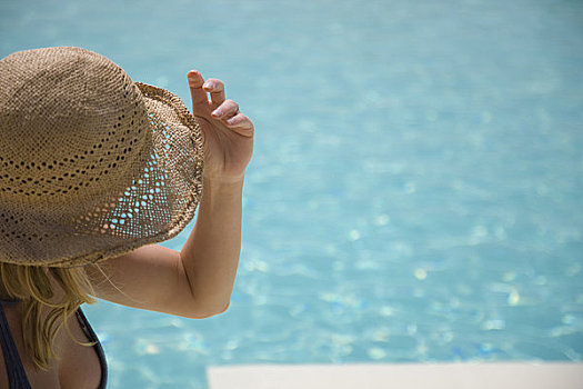 女人,边缘,帽子,游泳池