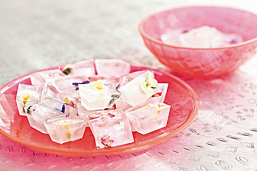 冰块,花,粉色,玻璃盘
