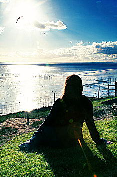 背影,女人,坐,草,堤岸,看,室外,海洋,太阳,发光,蓝色,天空,海鸥,迟,下午,威尔士
