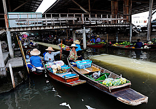 女人,食用,木质,船,水上市场,曼谷,泰国,亚洲