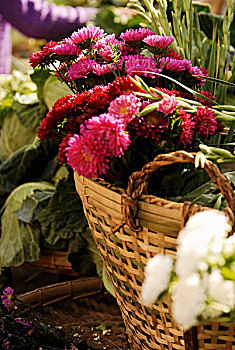 篮子,花,蔬菜,市场货摊