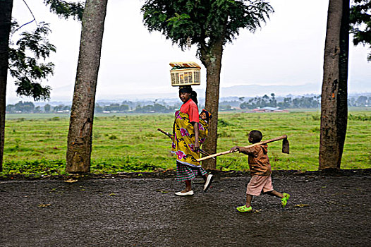 卢旺达,区域,女人,两个孩子,上班,土地