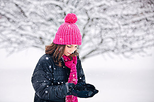 女孩,手捧,抓住,落下,雪