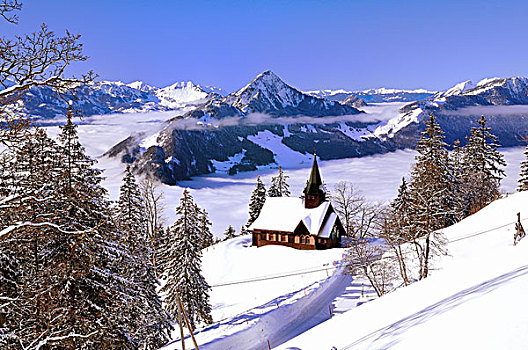 小教堂,冬天,风景,中心,阿尔卑斯山,施维茨,瑞士,欧洲