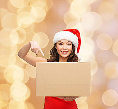 圣诞节,冬天,休假,递送,人,概念,微笑,女人,圣诞老人,帽子,包裹,盒子,上方,米色,背景